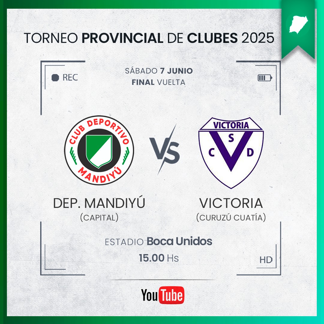En una nueva colaboración con la <a href="/Ligacorrentina_/">Liga Correntina de Fútbol</a> el partido de vuelta de la final del Torneo Provincial de Clubes 🏆 entre Mandiyú de Capital y Victoria de Curuzú Cuatiá será transmitido vía streaming ⚽️📹

👉🏾 Vas a poder ver el partido en la cuenta oficial de Youtube de la LCF