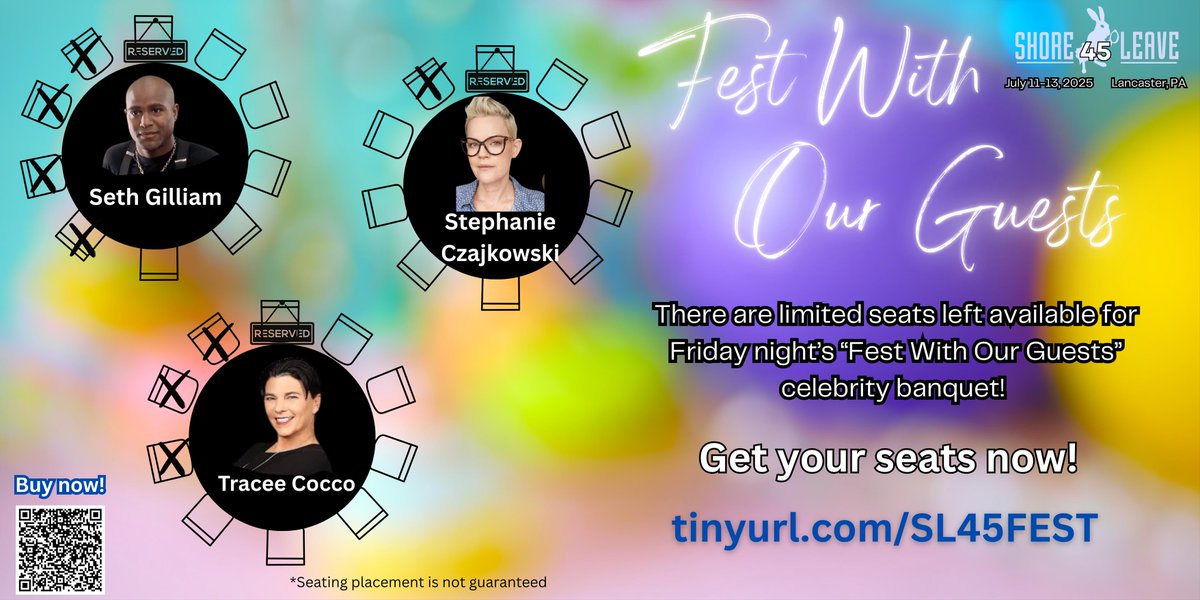 Exciting news! Join our celebrity guests for a special dinner. Hurry, limited seats available! Pre-Sales closing soon on June 15th. Don't miss out - visit our website for more details!
@TheSethGilliam
@skisays
<a href="/realtraceecocco/">Tracee Lee Cocco</a>
shore-leave.com/activities/fes…