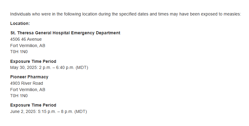 Alberta Health Services has been notified of people with confirmed measles in the North Zone who have been in a public setting while infectious. Additional locations may be released if necessary. Learn more: albertahealthservices.ca/news/Page19080…