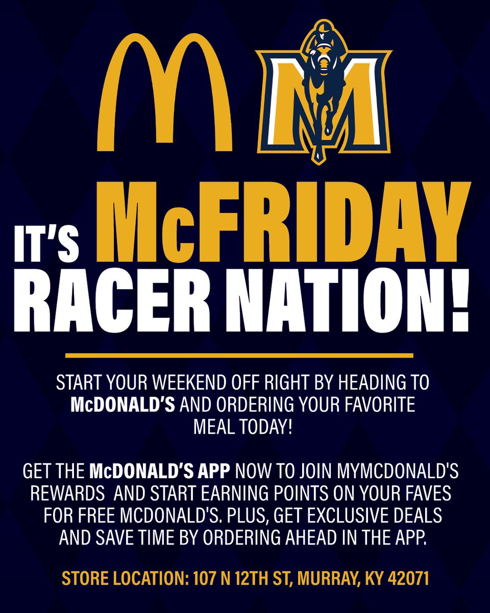 Blue & Gold Standard (@bluegoldracers) on Twitter photo While we're (not so) patiently waiting for <a href="/RacersBaseball/">Murray State Baseball</a> to play in the Super Regionals, head over to McDonald's in Murray and grab some lunch today. Thanks to McDonald's for always teaming up with our Racers.
#GoRacers While we're (not so) patiently waiting for <a href="/RacersBaseball/">Murray State Baseball</a> to play in the Super Regionals, head over to McDonald's in Murray and grab some lunch today. Thanks to McDonald's for always teaming up with our Racers.
#GoRacers