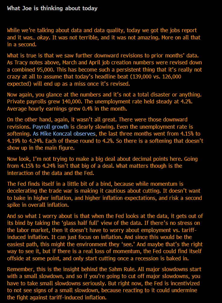 This is what I'm worried about.

Given its anxiety over the tariffs, the Fed would really like the "glass half full" labor market story to be true. It might not be true, and that creates the risk that they come in too late. 

From today's newsletter: bloomberg.com/account/newsle…