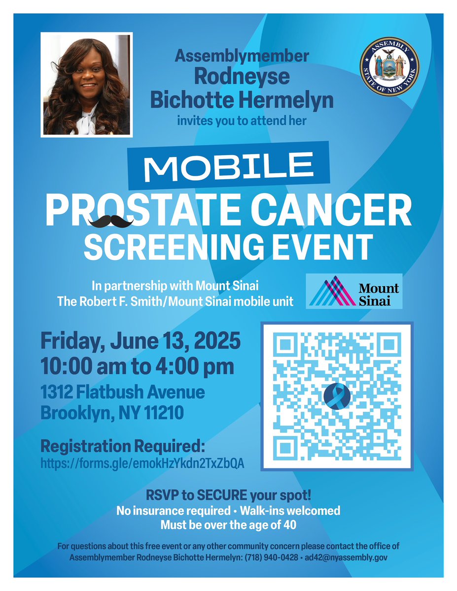 NYSBichotteHerm's tweet image. 🧠 Did you know 1 in 8 men will be diagnosed with prostate cancer in their lifetime?
My office will be hosting a free prostate cancer screening on June 13 in Flatbush.
Bring your family, encourage the men in your life to get checked, and help save lives.
📍1312 Flatbush Ave |…