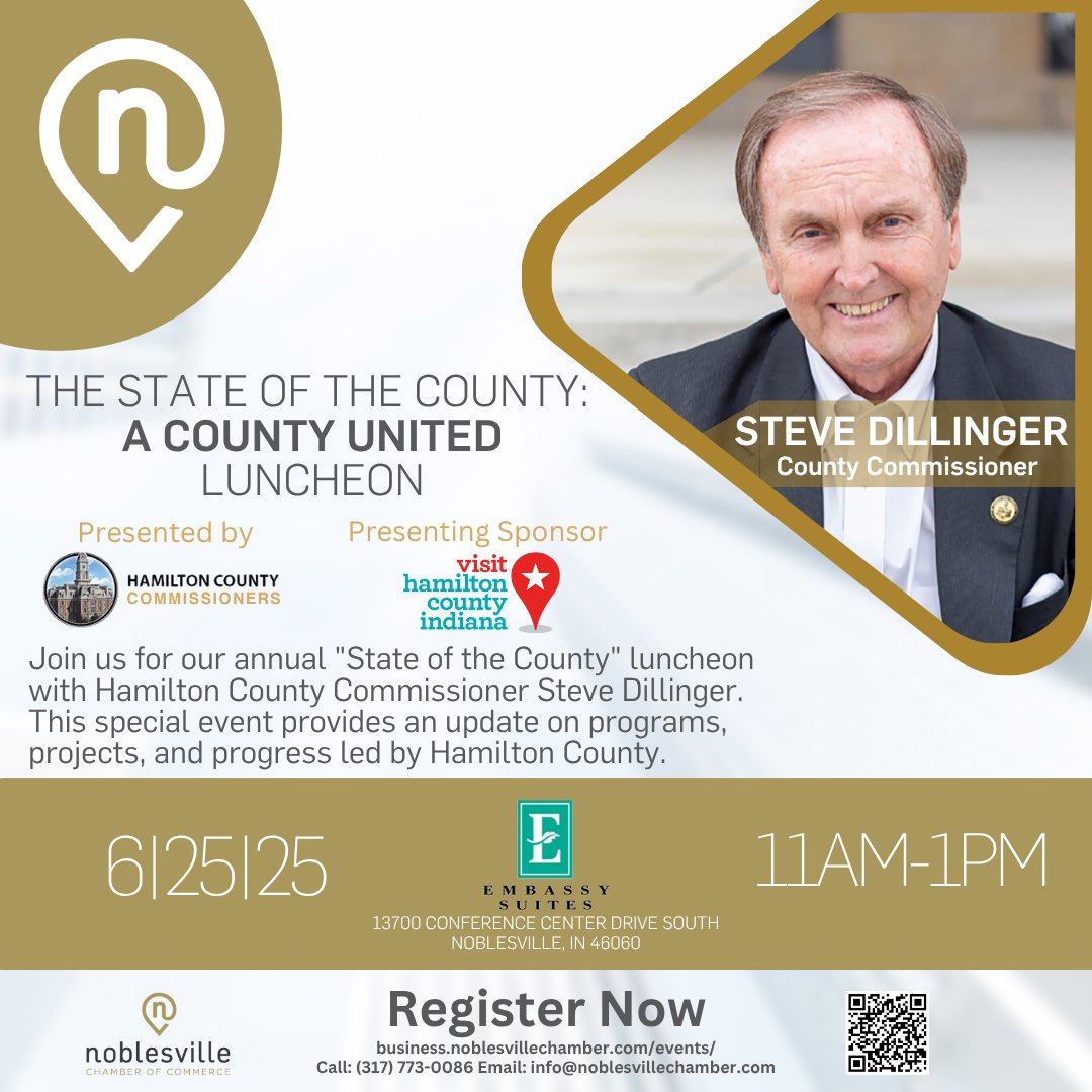 NoblesvilleCOC's tweet image. Don't miss out! The 2025 State of the County Luncheon is just over 2 weeks away! Join us on June 25, 11AM-1PM at the Embassy Suites in Noblesville. The annual event provides a comprehensive update led by Hamilton County Commissioner Steve Dillinger.
🎟️: ow.ly/gNQn50VV9Sk