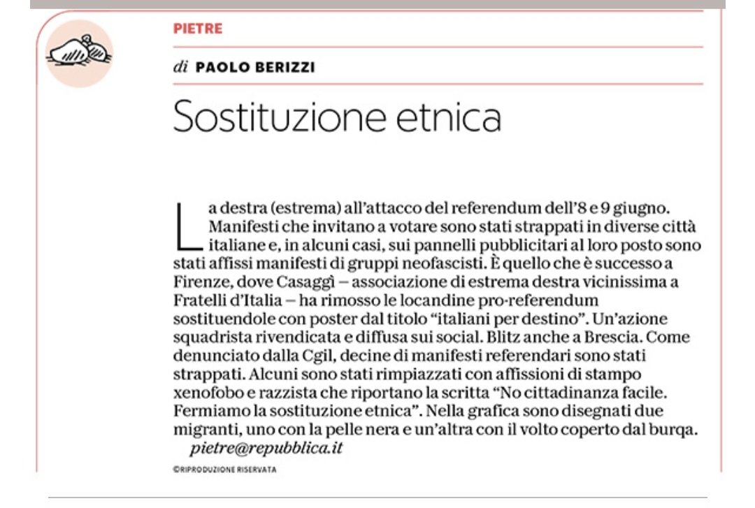 Paolo Berizzi (@pberizzi) on Twitter photo L'estrema destra della remigrazione all'attacco del referendum. Italia 2025.
#Pietre
<a href="/repubblica/">Repubblica</a> L'estrema destra della remigrazione all'attacco del referendum. Italia 2025.
#Pietre
<a href="/repubblica/">Repubblica</a>