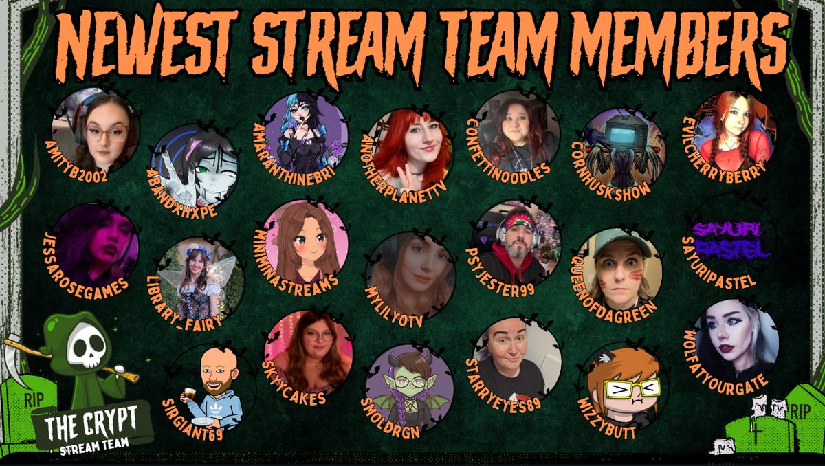 Welcome again to all of our new members!
Shoutouts also go to the Stream Team manager: <a href="/inspaaacettv/">🪐 inspaaace | 🥀 the crypt stream team</a> 
The admins: <a href="/Halloween_Baka/">Baka 🏳️‍🌈| CEOs Of Screams | The Crypt</a> and <a href="/emyblossom93/">Emy 🌸</a> 
And of course our amazing founder <a href="/KristynxRose/">KRISTYNxROSE 🥀 | Horror Vtuber</a> 

We can't wait for you all to meet these amazing streamers! Links in the replies.