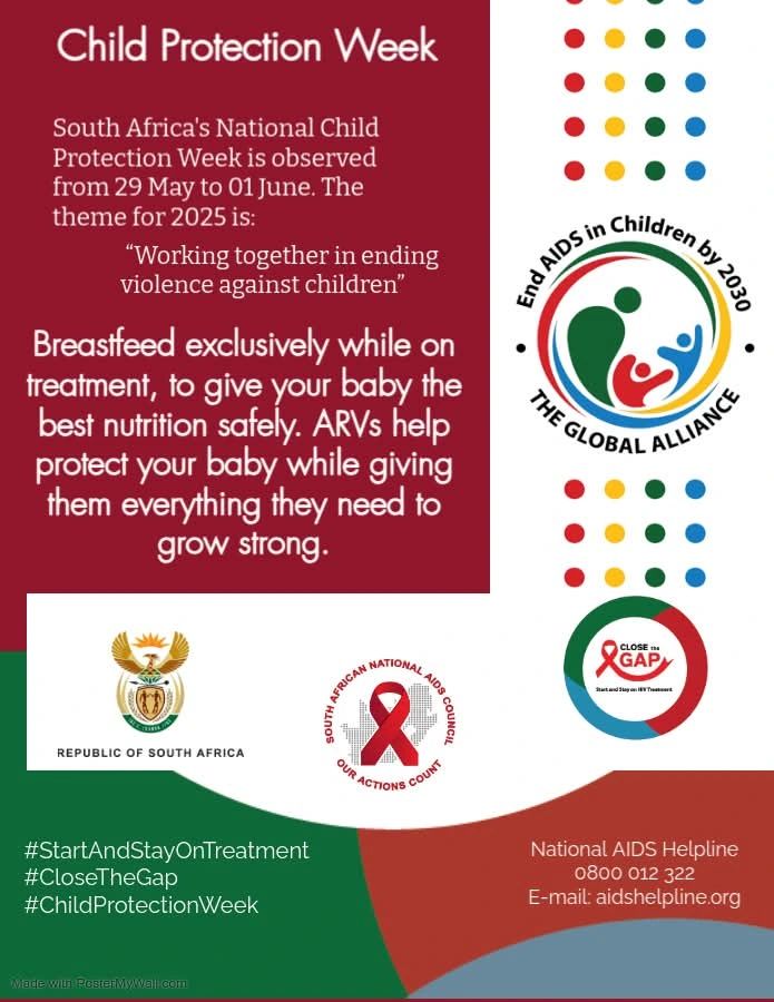 As #ChildProtectionWeek ends in 🇿🇦, the work to keep children safe continues.
📌 Children have the right to ARVs
📌 ART in pregnancy &amp; breastfeeding keeps babies strong
📌 Start ARVs early to protect your baby’s health

#CloseTheGap #EndingAIDSinChildren2030
