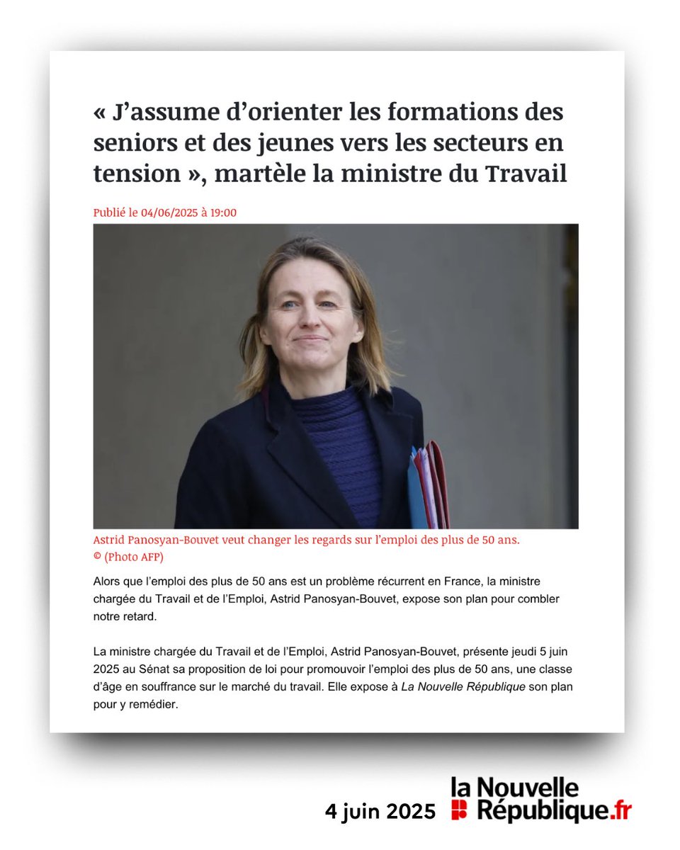 Astrid Panosyan-Bouvet (@astridpanosyan) on Twitter photo Campagne de communication sur l’emploi des 50+, transposition de l’ANI dans la loi, ressources pratiques, mobilisation de <a href="/FranceTravail/">France Travail</a>, insertion des jeunes, orientation des formations vers les métiers en tension…
👉 Retrouvez mon interview dans <a href="/lanouvellerep_/">La Nouvelle République</a> : Campagne de communication sur l’emploi des 50+, transposition de l’ANI dans la loi, ressources pratiques, mobilisation de <a href="/FranceTravail/">France Travail</a>, insertion des jeunes, orientation des formations vers les métiers en tension…
👉 Retrouvez mon interview dans <a href="/lanouvellerep_/">La Nouvelle République</a> :