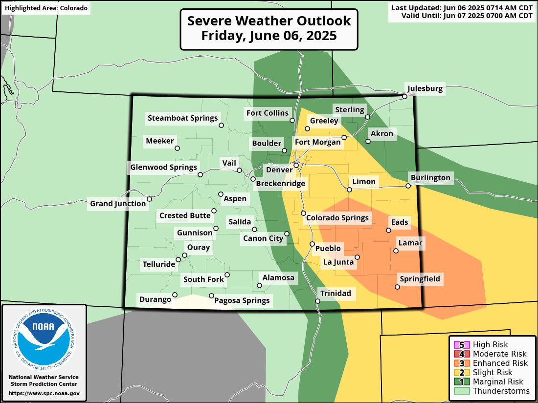 Hail up to 2" and 70 mph wind gusts are the primary concern today.

Storms will initiate along the I-25 corridor and gain strength as they move east. Tornado potential exists just east of I-25.