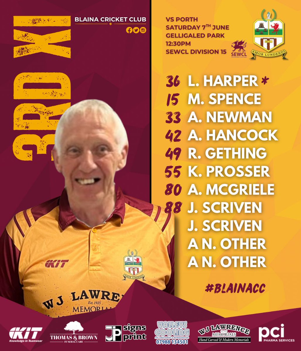 🏏| SENIOR FIXTURES - WEEK 6

1st XI vs Ponty/Crosskeys (Home, Central Park)
2nd XI vs Llantwit Fardre (Away)
3rd XI vs Porth (Away)

#BlainaCC