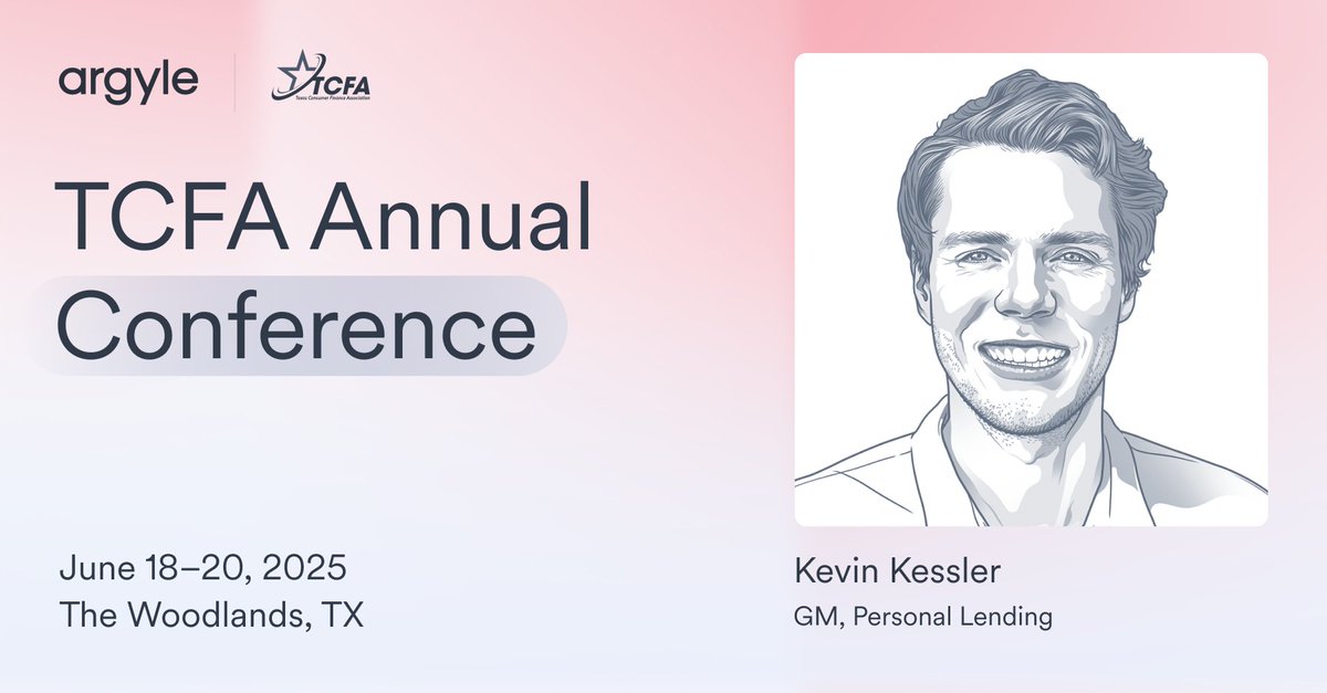 Argyle is heading to #TCFA2025!

Join us June 18–20 at The Woodlands Resort, TX, to learn how our real-time VOIE solutions can transform your lending process

Meet Kevin Kessler and discover the Argyle advantage.

👉 hubs.la/Q03pDd0-0

#PersonalLending #Argyle