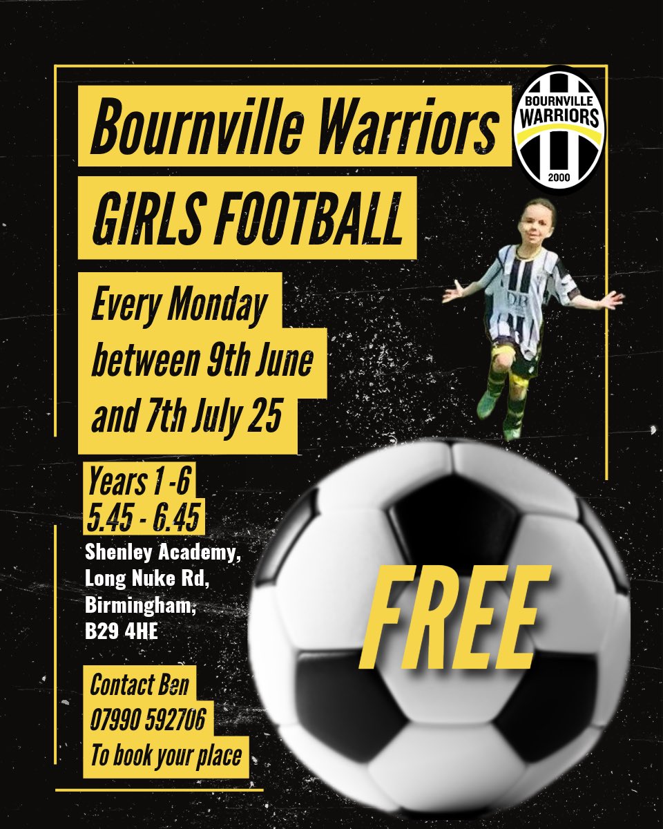 Bournville Warriors FC (@bwarriorsfc1) on Twitter photo As we head towards the Womenโs Euros, weโre extending our FREE Girls Football sessions for another 5 weeks.
It would be great to see more girls getting involved in the game.
All abilities welcome ๐ค
<a href="/HerGameToo/">Her Game Too</a> <a href="/BCFCWomen/">Birmingham City Women</a> <a href="/AVWFCOfficial/">Aston Villa Women</a> As we head towards the Womenโs Euros, weโre extending our FREE Girls Football sessions for another 5 weeks.
It would be great to see more girls getting involved in the game.
All abilities welcome ๐ค
<a href="/HerGameToo/">Her Game Too</a> <a href="/BCFCWomen/">Birmingham City Women</a> <a href="/AVWFCOfficial/">Aston Villa Women</a>