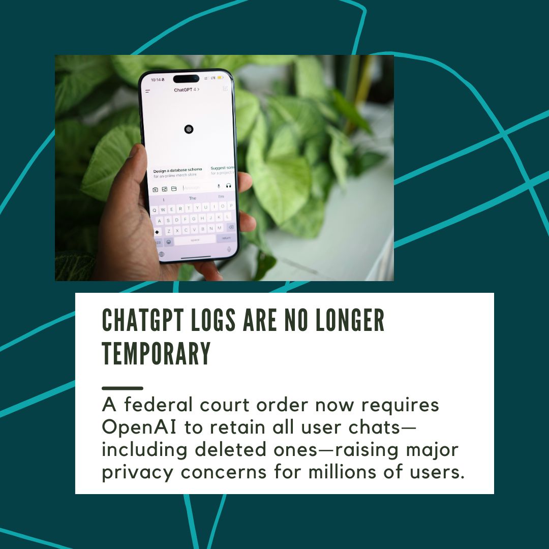 adaptiadesign's tweet photo. A judge has ordered OpenAI to preserve all ChatGPT user logs indefinitely—including deleted and temporary chats—due to an ongoing copyright lawsuit with the New York Times.

OpenAI is pushing back, citing privacy violations and legal risks. But until the order is lifted, even deleted chats may no longer be private.

#Adaptia #ChatGPT #AIPrivacy #OpenAI #UserData #DataRetention #TechPolicy #DigitalPrivacy #AIRegulation