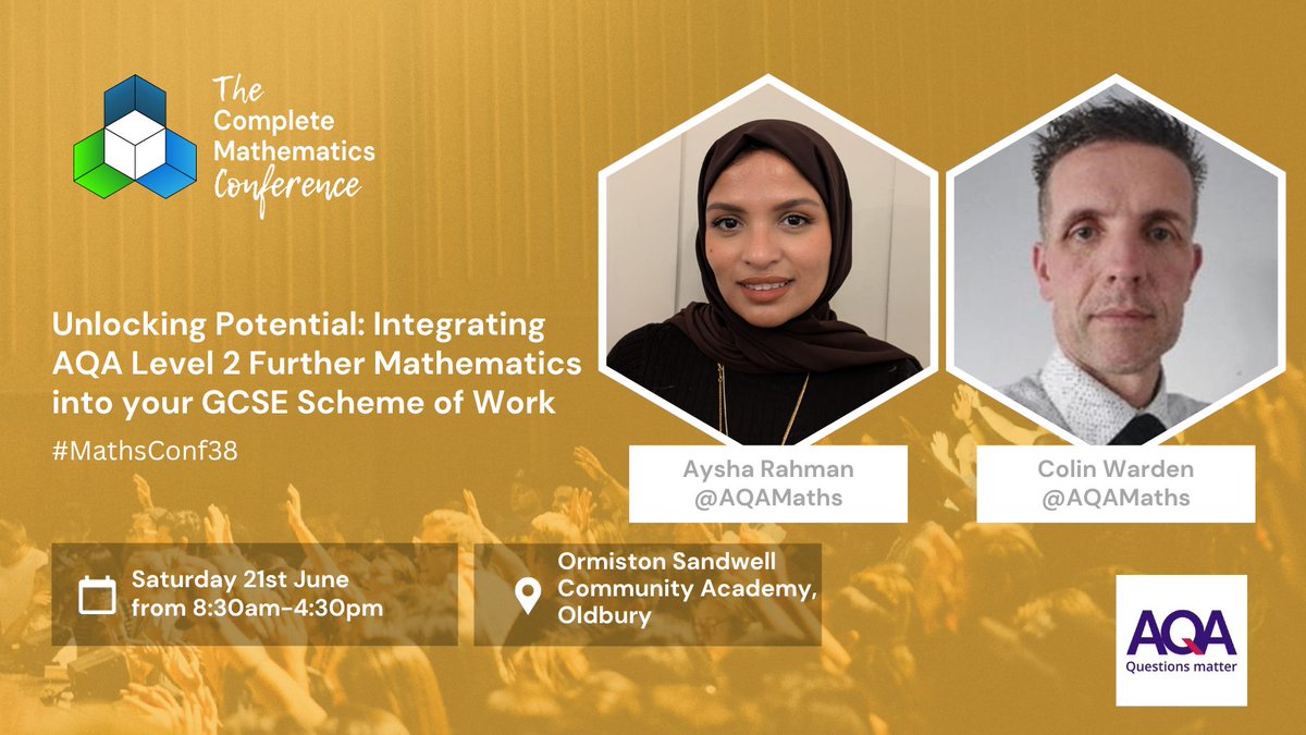 📣Another #MathsConf38 workshop announcement!

🔓Unlocking Potential: Integrating AQA Level 2 Further Mathematics into your GCSE Scheme of Work

This one will be run by Aysha Rahman and Colin Warden <a href="/AQAMaths/">AQA Maths</a> 

How can we stretch  students beyond the standard curriculum - without