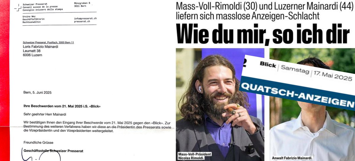 Loris Fabrizio Mainardi (@lenzfaber) on Twitter photo 🇨🇭Presserats-Beschwerde gegen <a href="/Blickch/">Blick </a>: meine in berechtigter Sorge um die öffentliche Sicherheit unternommenen ⚖️Schritte gegen den rechtsradikalen Demagogen <a href="/narimoldi/">🇨🇭Nicolas A. Rimoldi | MASS-VOLL! ✊🏻💜</a> und <a href="/mass_voll/">MASS-VOLL!</a> wurden in blick.ch/20851135 und blick.ch/20876496 als «Quatsch-Anzeigen» abgetan!⛔️ 🇨🇭Presserats-Beschwerde gegen <a href="/Blickch/">Blick </a>: meine in berechtigter Sorge um die öffentliche Sicherheit unternommenen ⚖️Schritte gegen den rechtsradikalen Demagogen <a href="/narimoldi/">🇨🇭Nicolas A. Rimoldi | MASS-VOLL! ✊🏻💜</a> und <a href="/mass_voll/">MASS-VOLL!</a> wurden in blick.ch/20851135 und blick.ch/20876496 als «Quatsch-Anzeigen» abgetan!⛔️