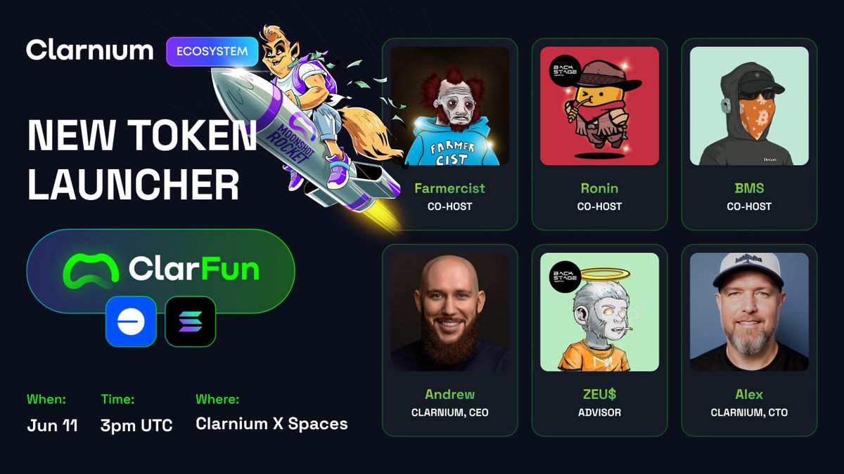 Clarnium.io (@clarnium_io) on Twitter photo Clarnium X Spaces — New Token Launcher. New Era.
🗓 June 11
⌛️ 3PM UTC
📍 Clarnium X Spaces
Speakers:
➖ <a href="/Andrew_Furman_/">Andrew Furman</a> — CEO, Clarnium
➖ <a href="/pilouanic/">Alex</a> — CTO, Clarnium
➖ <a href="/zeuuss_01/">ZEU$⚡️</a> — Advisor
➖ Hosted by: <a href="/farmercist_eth/">Farmercist 👨🌾</a>, <a href="/DeRonin_/">Ronin</a>, <a href="/bloomstarbms/">BMS</a>
What you’ll learn: Clarnium X Spaces — New Token Launcher. New Era.
🗓 June 11
⌛️ 3PM UTC
📍 Clarnium X Spaces
Speakers:
➖ <a href="/Andrew_Furman_/">Andrew Furman</a> — CEO, Clarnium
➖ <a href="/pilouanic/">Alex</a> — CTO, Clarnium
➖ <a href="/zeuuss_01/">ZEU$⚡️</a> — Advisor
➖ Hosted by: <a href="/farmercist_eth/">Farmercist 👨🌾</a>, <a href="/DeRonin_/">Ronin</a>, <a href="/bloomstarbms/">BMS</a>
What you’ll learn: