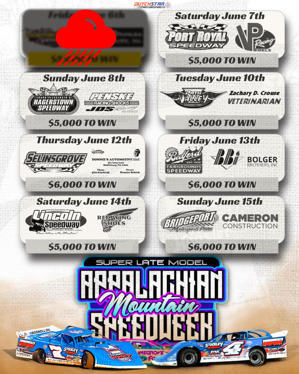 RossRobinsonRacing (@rracing7) on Twitter photo โ Ross and Amanda have been rained out tonight at Clinton County Speedway. We will kick off Appalachian Mountain Speed Week Saturday at <a href="/PortRoyalSpdway/">Port Royal Speedway #SpeedPalace</a>
๐
7 races remain over the next 9 days โ Ross and Amanda have been rained out tonight at Clinton County Speedway. We will kick off Appalachian Mountain Speed Week Saturday at <a href="/PortRoyalSpdway/">Port Royal Speedway #SpeedPalace</a>
๐
7 races remain over the next 9 days