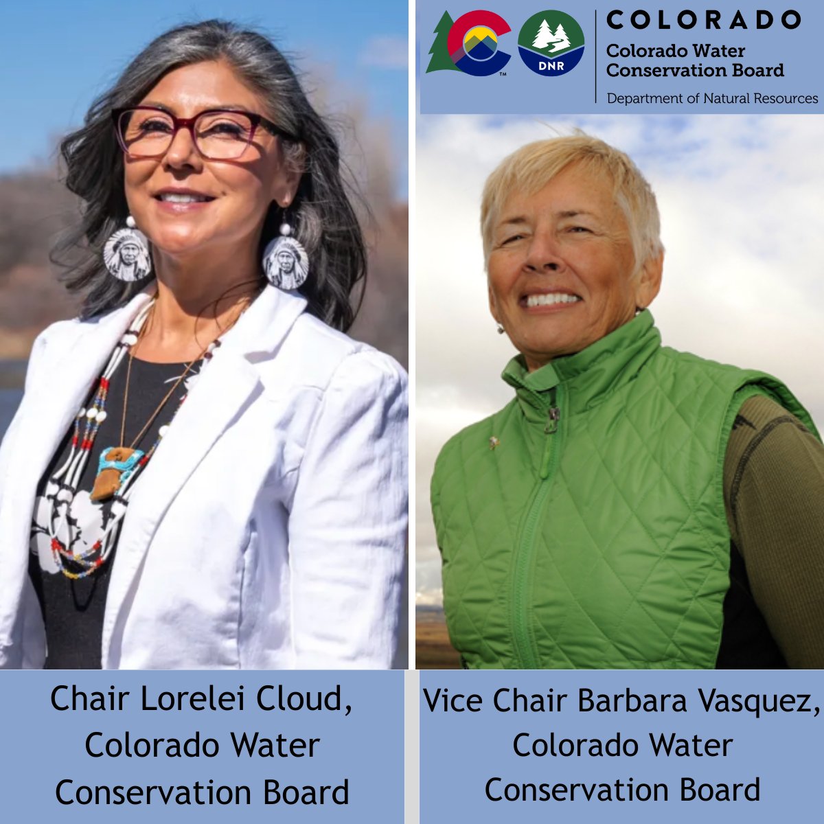 Lorelei Cloud, from the Southern Ute Reservation, is now the first Indigenous person to lead the <a href="/CWCB_DNR/">Colorado Water Conservation Board</a> as Chair. Barbara Vasquez will serve as Vice Chair, bringing her extensive experience in water and public land resource management. Learn more: bit.ly/4leEmVZ