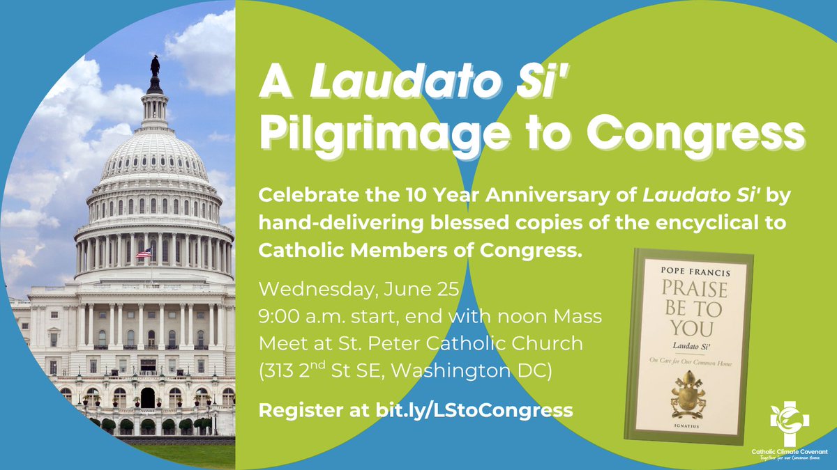 Are you in the DC/DMV area? Join us to celebrate the 10 year anniversary of Laudato Si' by hand-delivering the encyclical to all 148 Catholic Members of Congress! Join us on 6/25 at 9:00 am for this important event. Learn more and register at bit.ly/LStoCongress #EcoCatholic