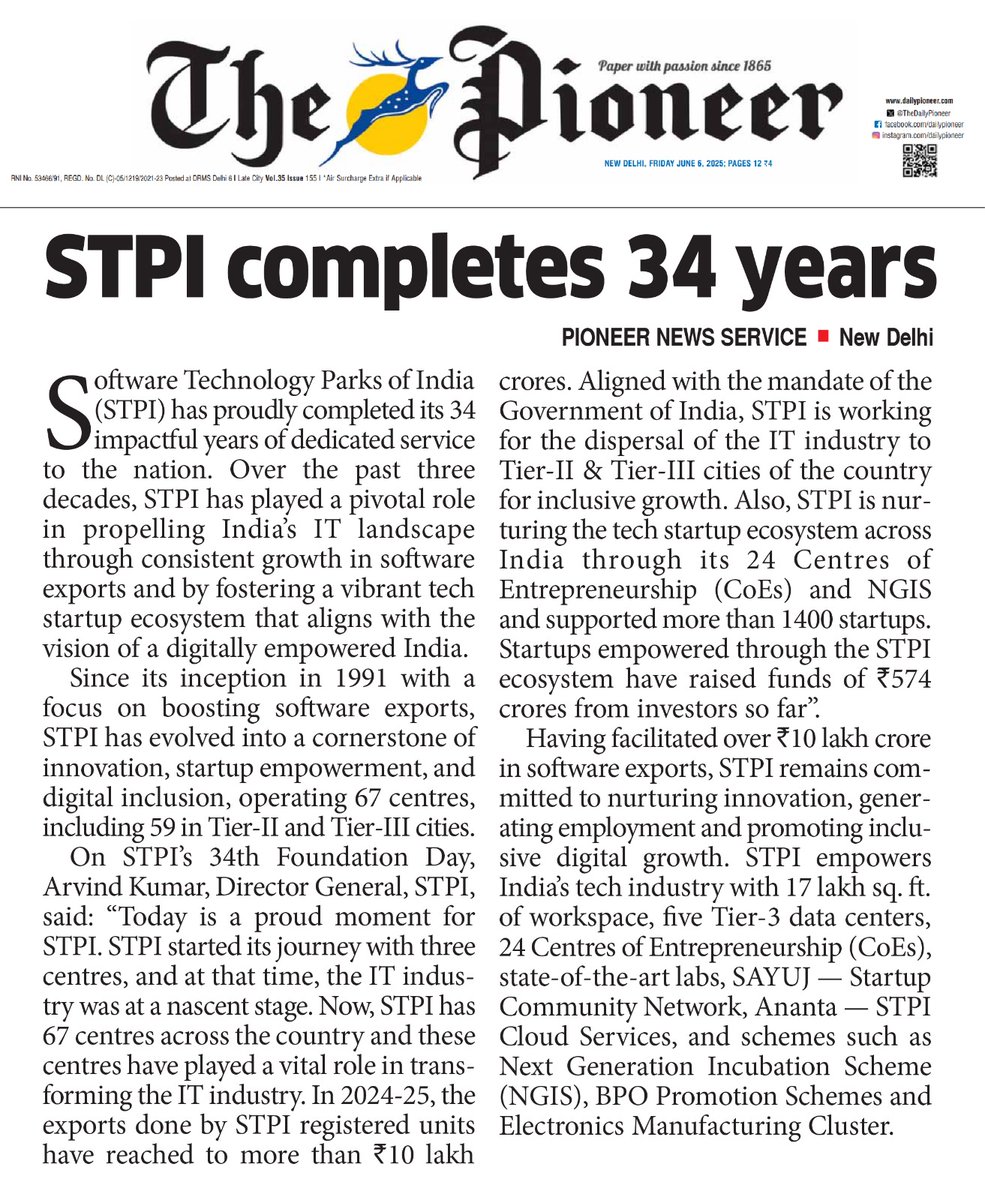 ✨STPI completes 34 years of dedicated service to the nation

Software Technology Parks of India (STPI) has proudly completed its 34 impactful years of dedicated service to the nation. Over the past three decades, STPI has played a pivotal role in propelling India’s IT landscape