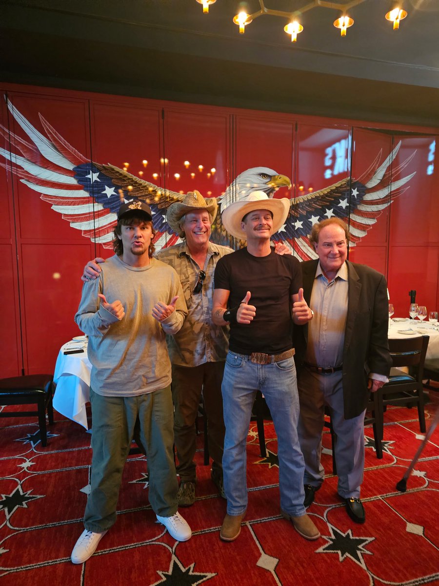 KidRock's tweet photo. 🇺🇸 BIG THANK YOU to our Vice President @JDVance for stopping by @DetroitCowboyTN yesterday to film with @TheoVon. Two American originals. Doesn’t get more badass than that! 

Also a huge shoutout to the one and only @TedNugent for rollin’ through and cranking up the freedom. And hats off to @John for making this whole thing happen. Legend.

To all our neighbors and local businesses in Capitol View THANK YOU for bearing with the extra security, traffic, and energy that comes with hosting the Vice President of the United States. I know it shakes things up a bit. Just know my mission isn’t just to fire up @DetroitCowboyTN - it’s to help boost every business in this part of town. We rise together. 

Let’s light up Capitol View like never before. 🍽️🇺🇸🔥

@thispastweeknd @happydad