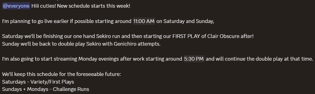 SCHEDULE UPDATE: From the discord (times are CST). I've been focusing almost exclusively on challenge runs for two years now, but am finally going to add a day for first plays/variety. Super excited about this schedule change 💙
