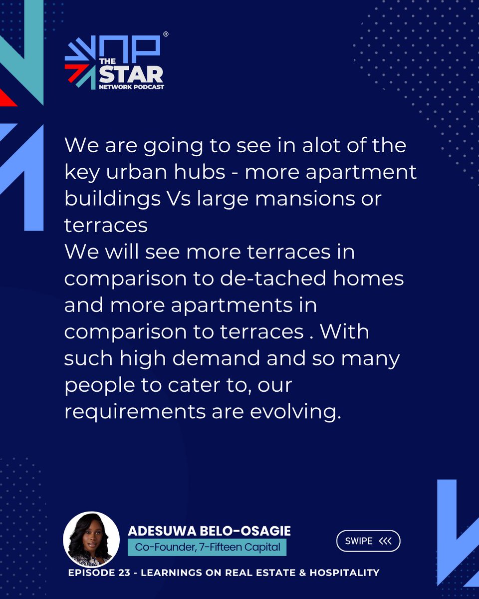 In case you missed it ! 
I sat down with Adesuwa of 7-Fifteen Capital to explore Real Estate learnings &amp; trends: key 🔑 questions I put forward:

🏙️ Terraces, Apartments Vs Mansions as the new  normal?
🏛️ How architecture could serve as a tourist attraction

Her insights shifted