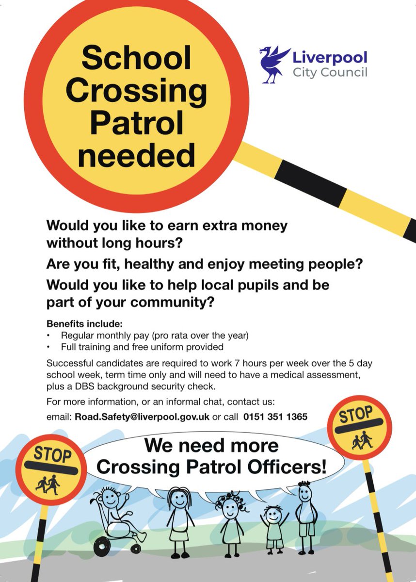 Kimberley Berry (@kjberry91) on Twitter photo ⛔️🚙 <a href="/lpoolcouncil/">Liverpool City Council</a> is looking to recruit School Crossing Patrol Officers to vacant sites across the city - inc. Booker Avenue Juniors.
💻✍️ If you think you’d be good fit for the role, you can apply here: jobs.liverpool.gov.uk/jobs/job/Schoo… by 22 June.
#SpringwoodMatters
<a href="/LiverpoolLabour/">Liverpool Labour</a> ⛔️🚙 <a href="/lpoolcouncil/">Liverpool City Council</a> is looking to recruit School Crossing Patrol Officers to vacant sites across the city - inc. Booker Avenue Juniors.
💻✍️ If you think you’d be good fit for the role, you can apply here: jobs.liverpool.gov.uk/jobs/job/Schoo… by 22 June.
#SpringwoodMatters
<a href="/LiverpoolLabour/">Liverpool Labour</a>