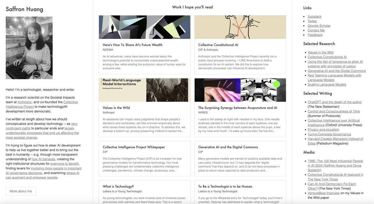 I updated my personal website! I felt like it was pretty hard to explore before, and I wanted to actually properly highlight the work/ideas that I want people to read and that I stand behind. Will keep tweaking, but have a look. :)

saffronhuang.com