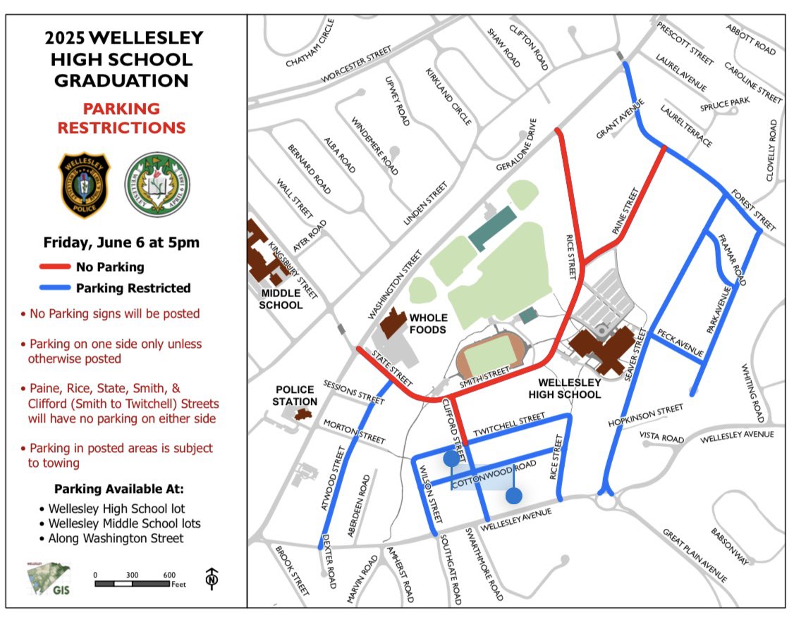 WellesleyPolice's tweet image. The Wellesley High School Class of 2025 graduation is tonight at the Hunnewell Track and Field
🚨NEW START TIME: 6:00 PM🚨
🅿️ Affected streets and neighborhoods near WHS will posted with no parking 🅿️