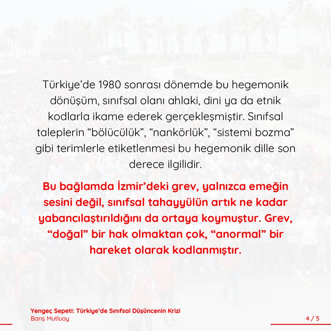corpusdergi's tweet photo. İzmir’deki grev, yalnızca emeğin sesini değil, sınıfsal tahayyülün artık ne kadar yabancılaştırıldığını da ortaya koymuştur. Grev, “doğal” bir hak olmaktan çok, “anormal” bir hareket olarak kodlanmıştır.

Barış Mutluay (@Baris_Mutluay) yazdı.