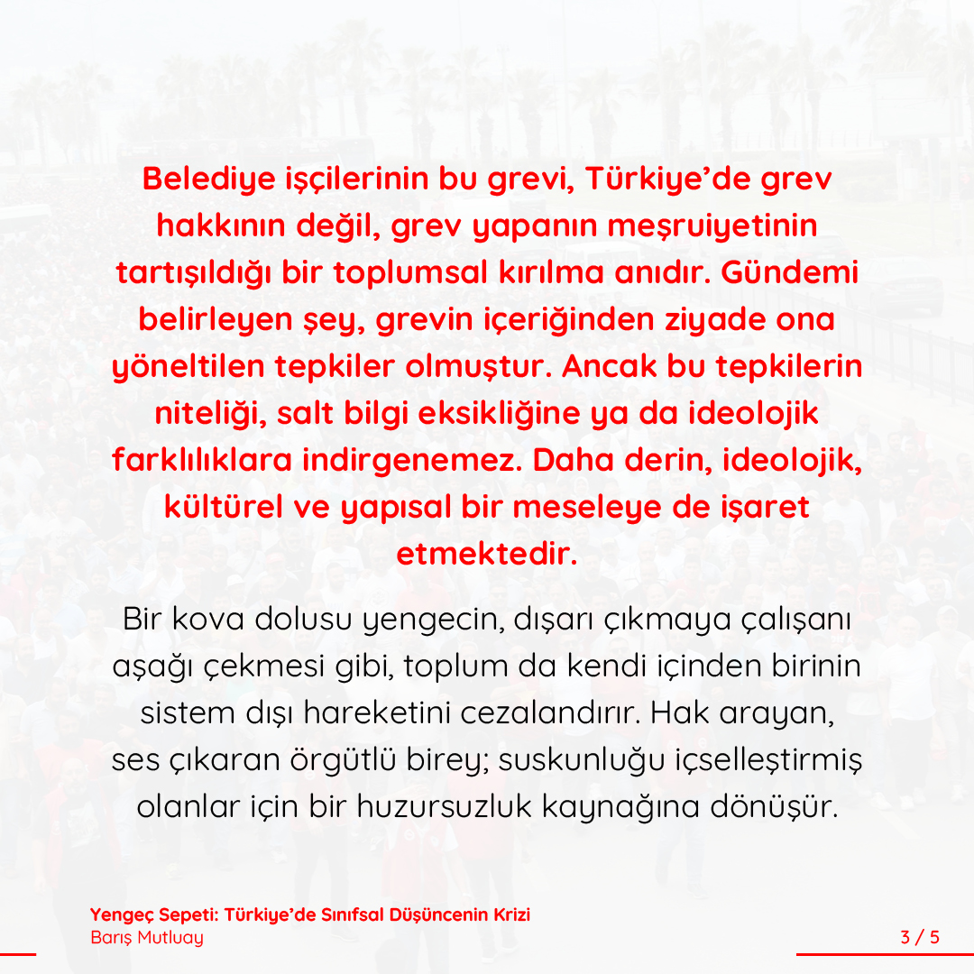 corpusdergi's tweet photo. İzmir’deki grev, yalnızca emeğin sesini değil, sınıfsal tahayyülün artık ne kadar yabancılaştırıldığını da ortaya koymuştur. Grev, “doğal” bir hak olmaktan çok, “anormal” bir hareket olarak kodlanmıştır.

Barış Mutluay (@Baris_Mutluay) yazdı.