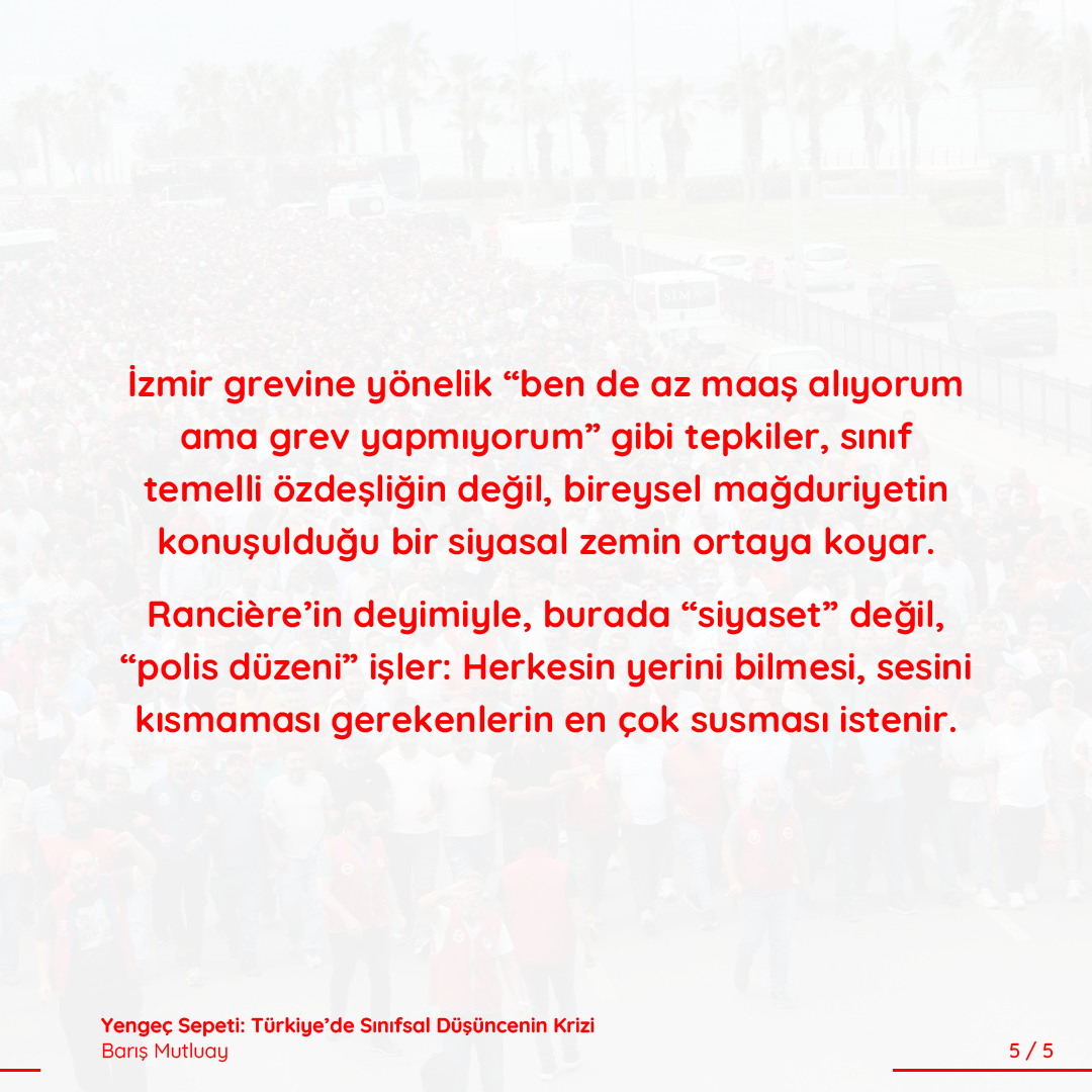 corpusdergi's tweet photo. İzmir’deki grev, yalnızca emeğin sesini değil, sınıfsal tahayyülün artık ne kadar yabancılaştırıldığını da ortaya koymuştur. Grev, “doğal” bir hak olmaktan çok, “anormal” bir hareket olarak kodlanmıştır.

Barış Mutluay (@Baris_Mutluay) yazdı.