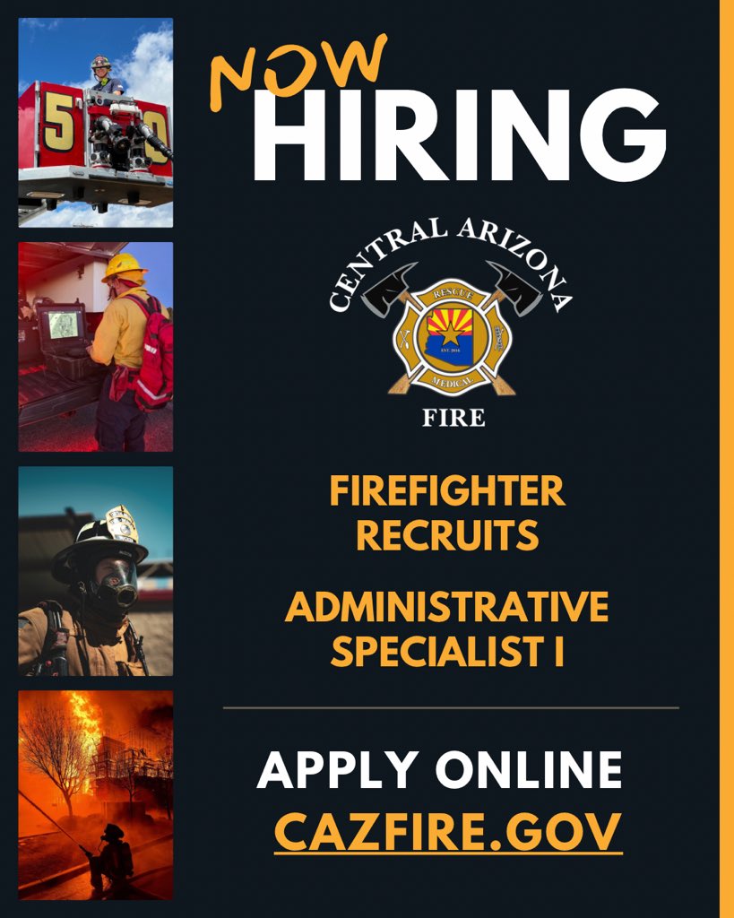 CAFMA is hiring! We’re looking for Firefighter Recruits and an Administrative Specialist I to join our team.

📅 Apply now: cazfire.gov/join-us/

#JoinCAFMA #AZFire #Firefighter #EMS