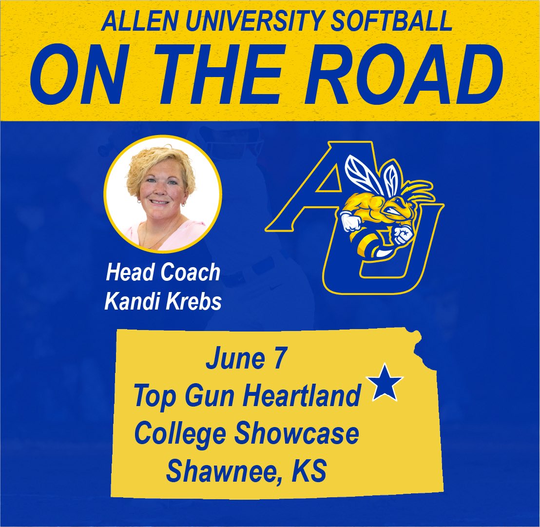 𝐑𝐄𝐂𝐑𝐔𝐈𝐓𝐈𝐍𝐆 𝐎𝐍 𝐓𝐇𝐄 𝐑𝐎𝐀𝐃

<a href="/coachK_AUSB/">Kae Krebs</a> is will be at the Top Gun Heartland College Showcase tomorrow looking for future Yellow Jackets! Send your schedules to kkrebs@allenuniversity.edu!

📍June 7 - Shawnee, KS
