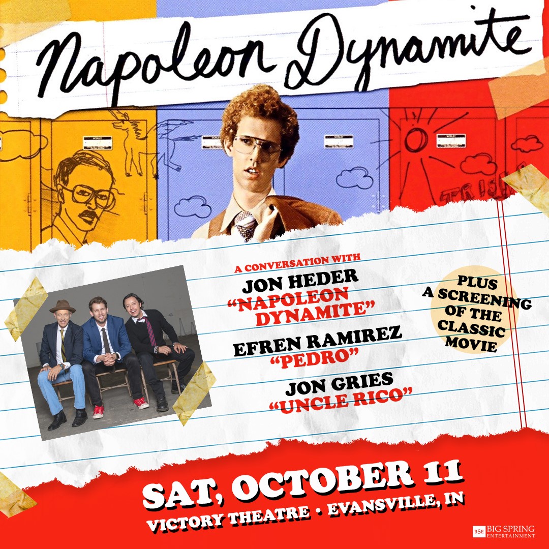 Napoleon Dynamite Live! A Very Special Evening with Jon Heder "Napoleon Dynamite", Efren Ramirez "Pedro", and Jon Gries "Uncle Rico". (Bring Your Own Tots) A Conversation plus a movie screening! October 11th at Victory Theatre. Tickets on sale now bit.ly/NapD_Victory20…