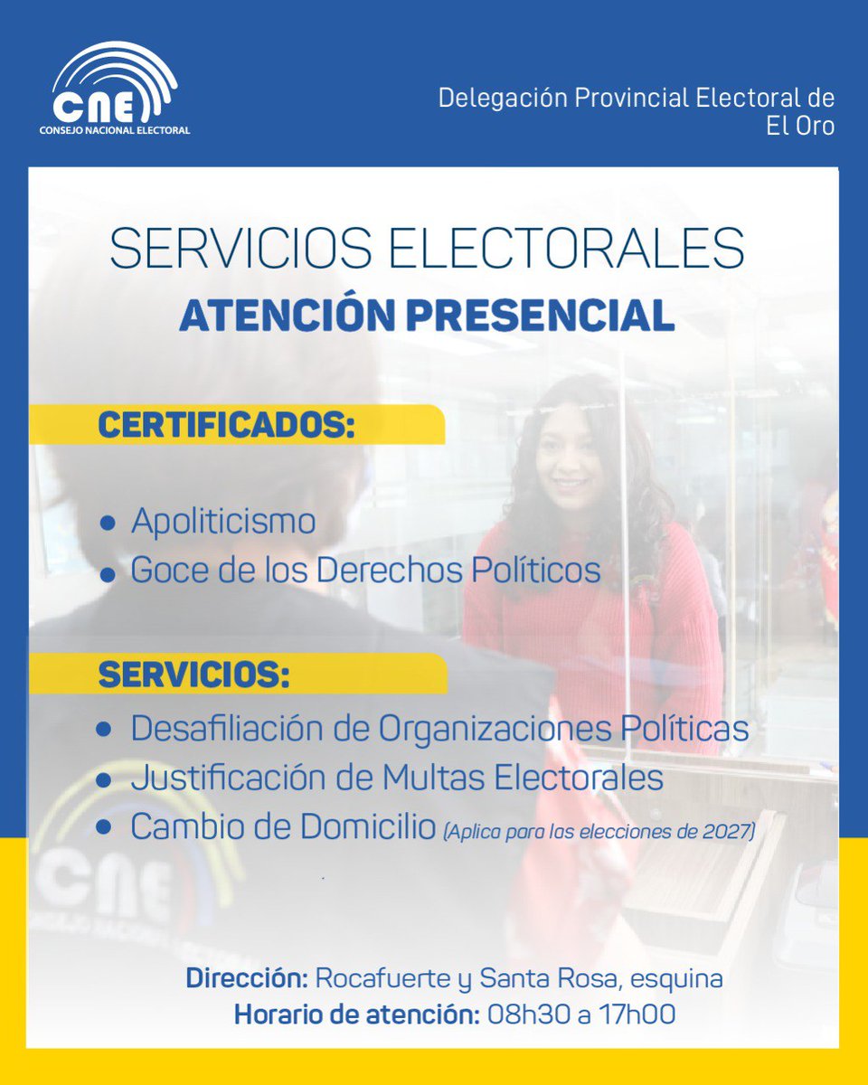 #CNEInforma 🗣️|| 📌 Realiza tus trámites electorales en la ventanilla de Atención al Ciudadano, de lunes a viernes, de 07:30 a 17:00, previo a la presentación de la cédula de identidad.
✅¡Recuerda, todos los trámites son gratuitos!