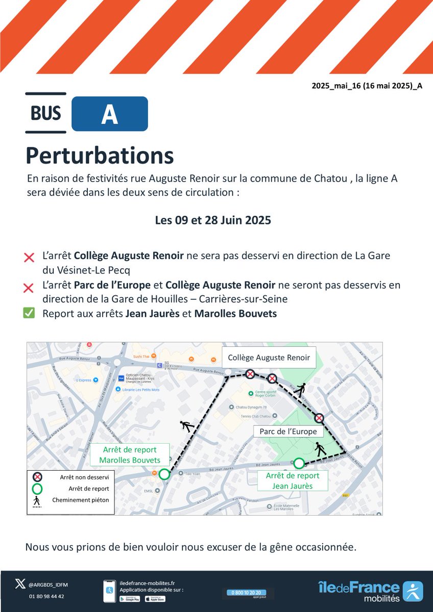 ⚠🚍#InfoTrafic - Ligne A - Les 09 et 28 Juin 2025

En raison de festivités rue Auguste Renoir sur la commune de Chatou , la ligne A sera déviée dans les deux sens de circulation :

⬇️Voir media

Veuillez nous excuser pour la  gêne occasionnée.