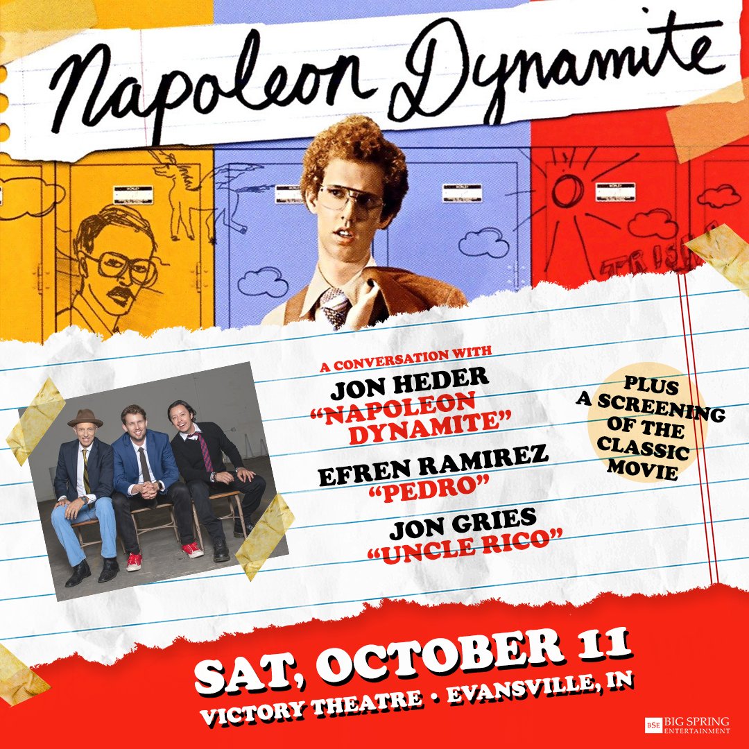 Napoleon Dynamite Live! A Very Special Evening with Jon Heder "Napoleon Dynamite", Efren Ramirez "Pedro", and Jon Gries "Uncle Rico". (Bring Your Own Tots) A Conversation plus a movie screening! October 11th at Victory Theatre. Tickets on sale now bit.ly/NapD_Victory20…