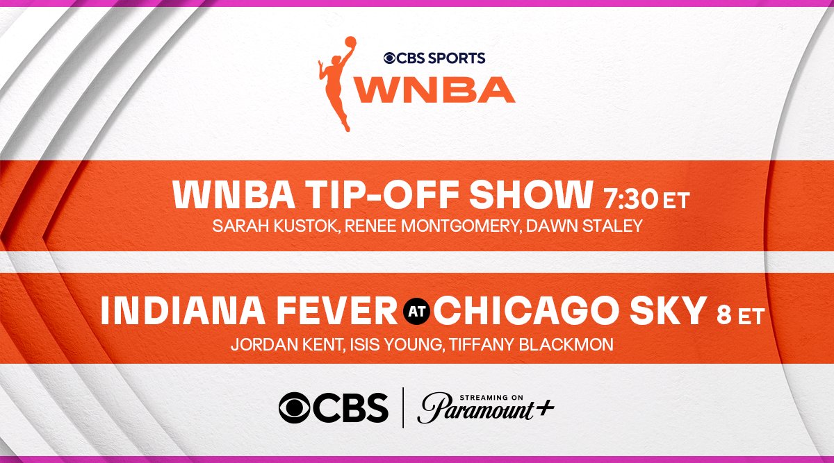 Saturday night, tune in to history as WNBA TIP-OFF debuts ahead of the <a href="/IndianaFever/">Indiana Fever</a> at <a href="/chicagosky/">Chicago Sky</a> in primetime on CBS and Paramount+

Join <a href="/sarahkustok/">sarah kustok</a>, @reneemontgomery and <a href="/dawnstaley/">dawnstaley</a> at 7:30 PM, ET

<a href="/jordanrkent/">Jordan Kent</a>  <a href="/IceYoung23/">Isis “Ice” Young</a> and <a href="/tiffblackmon/">Tiffany Blackmon</a>  on the call at 8:00 PM, ET