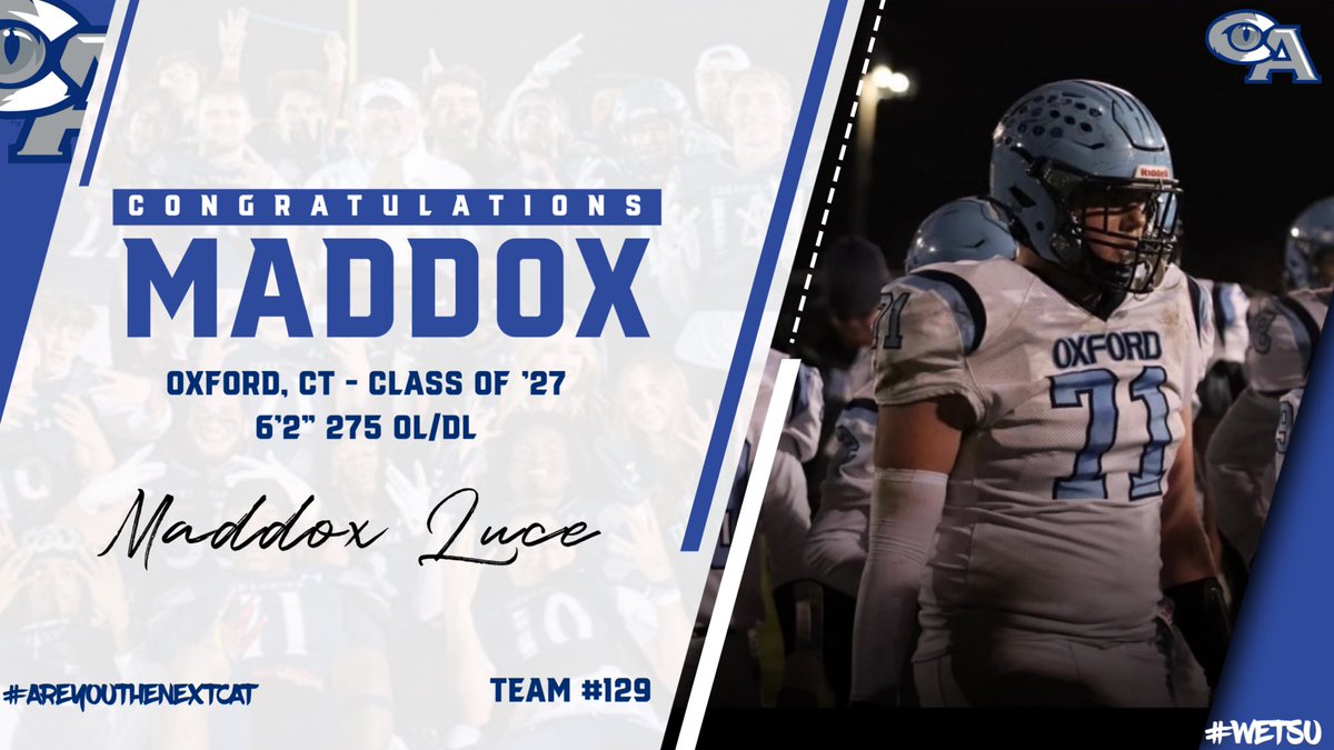 Maddox Luce (@maddox_luce71) on Twitter photo I am very excited to announce my decision to transfer and reclassify to play football at Cheshire Academy! I would like to thank my coaches, friends, family, and Coach Mella for the opportunity.
#rollcats
<a href="/Coach_Mella/">Bill Mella</a> <a href="/CAcatsFB1794/">Cheshire Academy Football</a> I am very excited to announce my decision to transfer and reclassify to play football at Cheshire Academy! I would like to thank my coaches, friends, family, and Coach Mella for the opportunity.
#rollcats
<a href="/Coach_Mella/">Bill Mella</a> <a href="/CAcatsFB1794/">Cheshire Academy Football</a>