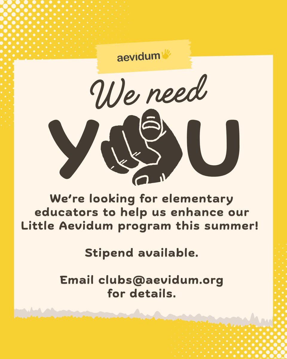 Aevidum (@aevidum) on Twitter photo Are you an elementary educator with a passion for mental health and some free time this summer? Then we need your help!
If you're interested, please email clubs@aevidum.org for details. Are you an elementary educator with a passion for mental health and some free time this summer? Then we need your help!
If you're interested, please email clubs@aevidum.org for details.