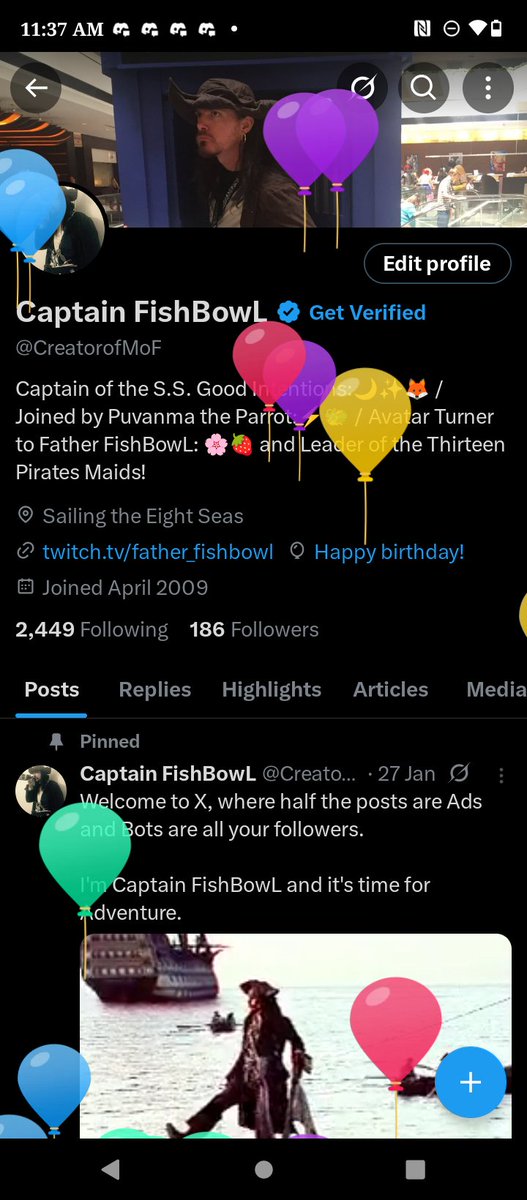 Captain kicks open the cabin, releasing the balloons: "Parrot! Help I'm under attack!"

Parrot peaks a balloon and gets a high pitched voice: "Hoot Hoot."

Father: "It's our Birthday today..."

Captain holding a blue balloon: "Oh! Yay!"