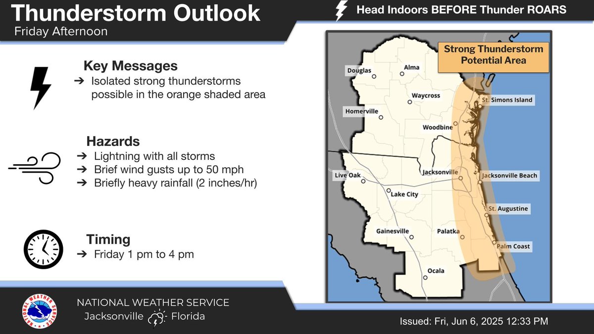 ⛈️A few  strong storms are possible this afternoon for locations along and east of U.S.-17 and I-95.  Gusty winds, frequent lightning strikes ⚡&amp; briefly heavy downpours will be possible 

⛵Boaters - Use extra caution when storms are in the forecast

#flwx #gawx #jaxwx @jaxready