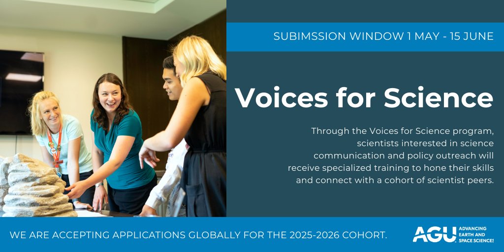Want to work with the AGU SciPolicy Team? Voices for Science participants work directly with AGU staff to conduct regular outcomes-focused outreach to make a tangible impact at the local, federal, or global level. Applications are open May 1 – June 15. agu.org/honors/voices-…