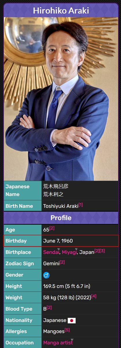jojo_wiki's tweet photo. It's June 7 in Japan. Happy 65th Birthday to JoJo's Bizarre Adventure creator, Hirohiko Araki (荒木飛呂彦)! 🎂 
https://t.co/doexGM8YRe https://t.co/2vtxzvePs5