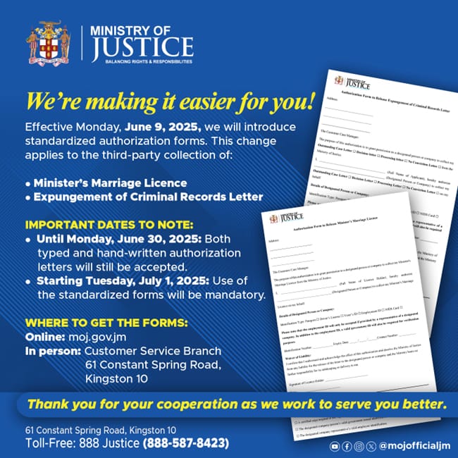mojofficialjm's tweet image. We are making it easier for you! 

There is now a standardized authorization form for third-party collection of Expungement of Criminal Records Letters and Minister's Marriage Licence.

#firstclassjusticesystem #accesstojustice