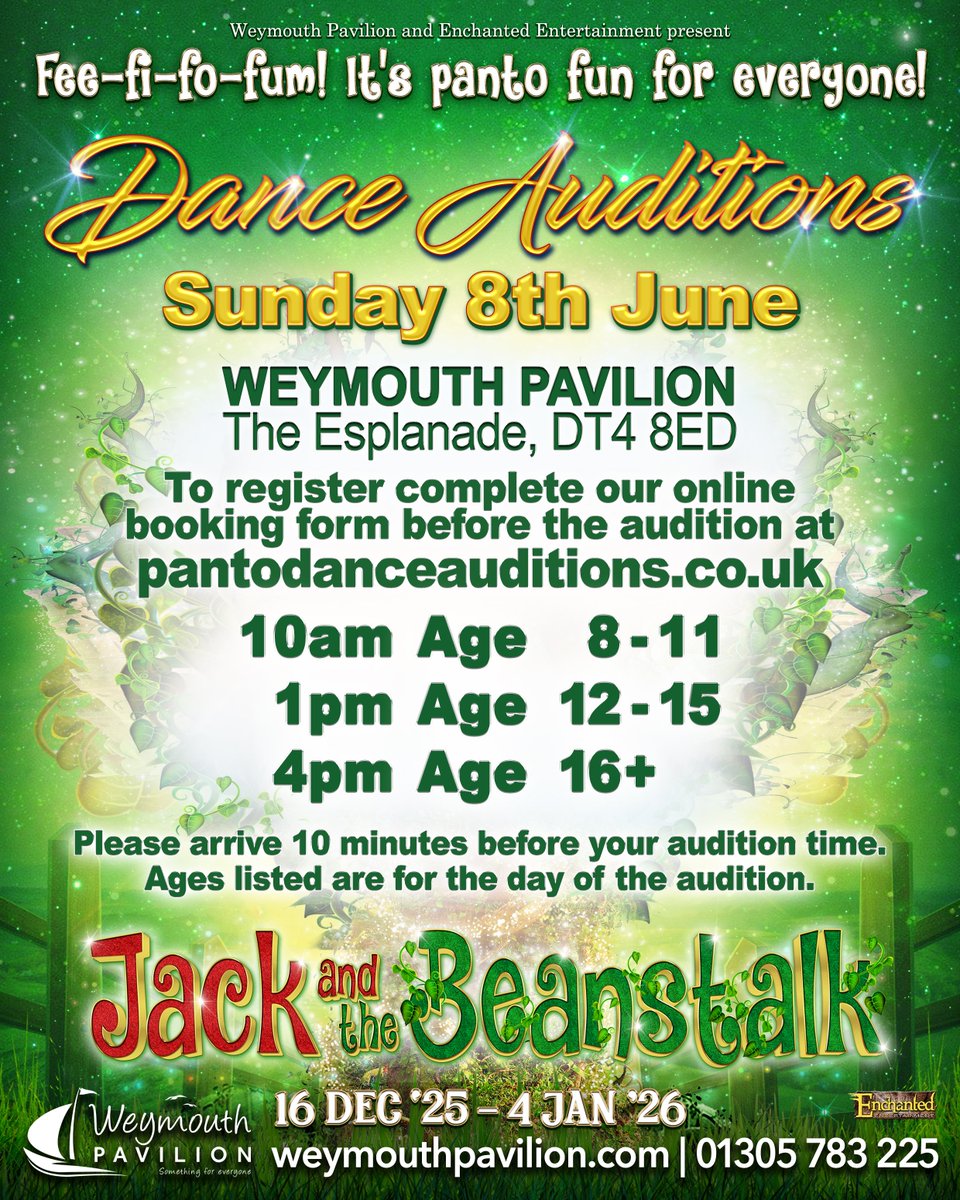 Calling all WEYMOUTH dancers!💃🕺
Our pantomime dance auditions for JACK &amp; THE BEANSTALK
<a href="/weypavilion/">Weymouth Pavilion</a> 
are on this Sunday 8th June! 
For more information see poster below...
Before auditioning register your details at:
pantodanceauditions.co.uk
Good luck - we'll see you there! 😀✨