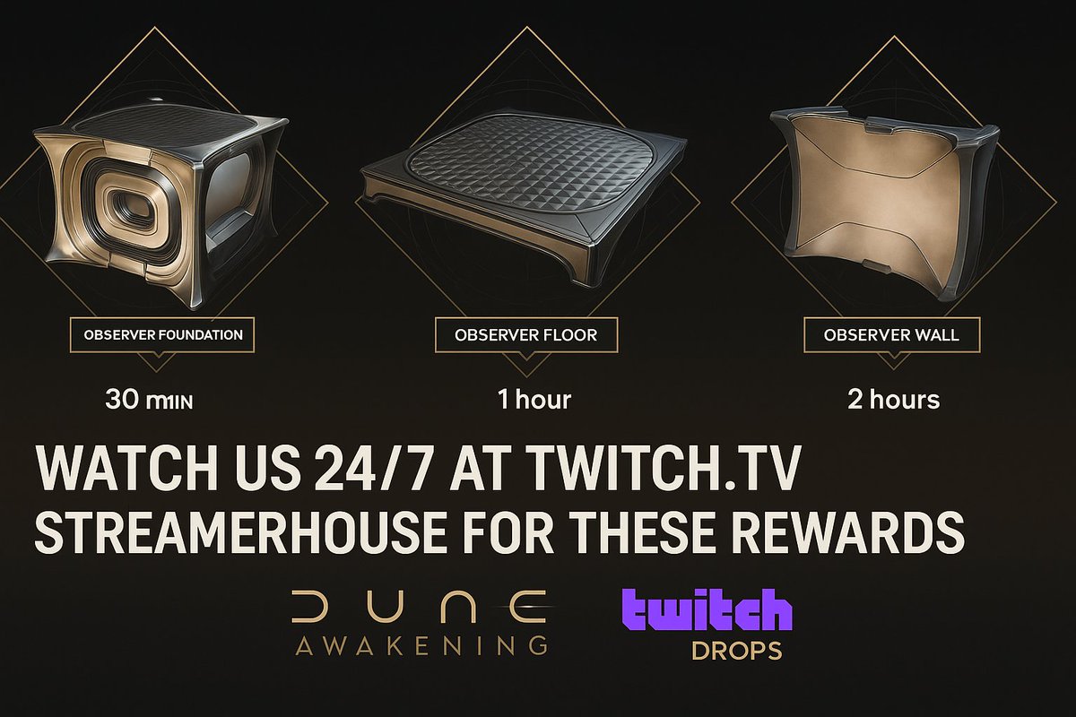 StreamerHouse's tweet photo. 🚨If you're looking for @DuneAwakening Spicey Drops!

We're LIVE 24/7 since 2013 and READY to hang out with you! https://t.co/R4HRs15YuO ✅

We're on NA: Splinter - Sietch Sandrat if anyone was looking for a guild home!🟨

Thanks to Funcom for everything! #DuneAwakening https://t.co/jS8WcNwr1e