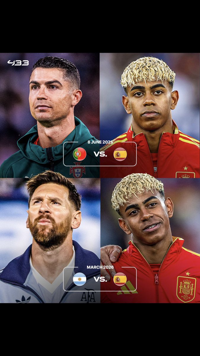 rappiah18's tweet photo. Seventeen-year-old Lamine Yamal is set to play against both forty-year-old Cristiano Ronaldo and Lionel Messi, who will be thirty-eight years old.

*   2025: Spain will face Portugal in the Nations League Final.
*   2026: Spain will compete against Argentina in the Finalissima. https://t.co/EWUzzCwwqt