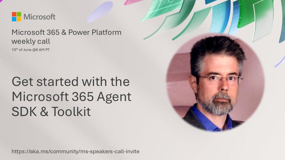 📆 Get started with the Microsoft 365 Agent SDK &amp; Toolkit

• Live demo in community call on 10th of June 8 AM PT
• Presented by Matthew Barbour (Microsoft) 👏
• Everyone is welcome!

👋 Get the invite → aka.ms/community/ms-s…

#Microsoft365Dev #Agents #PowerPlatform #Copilot